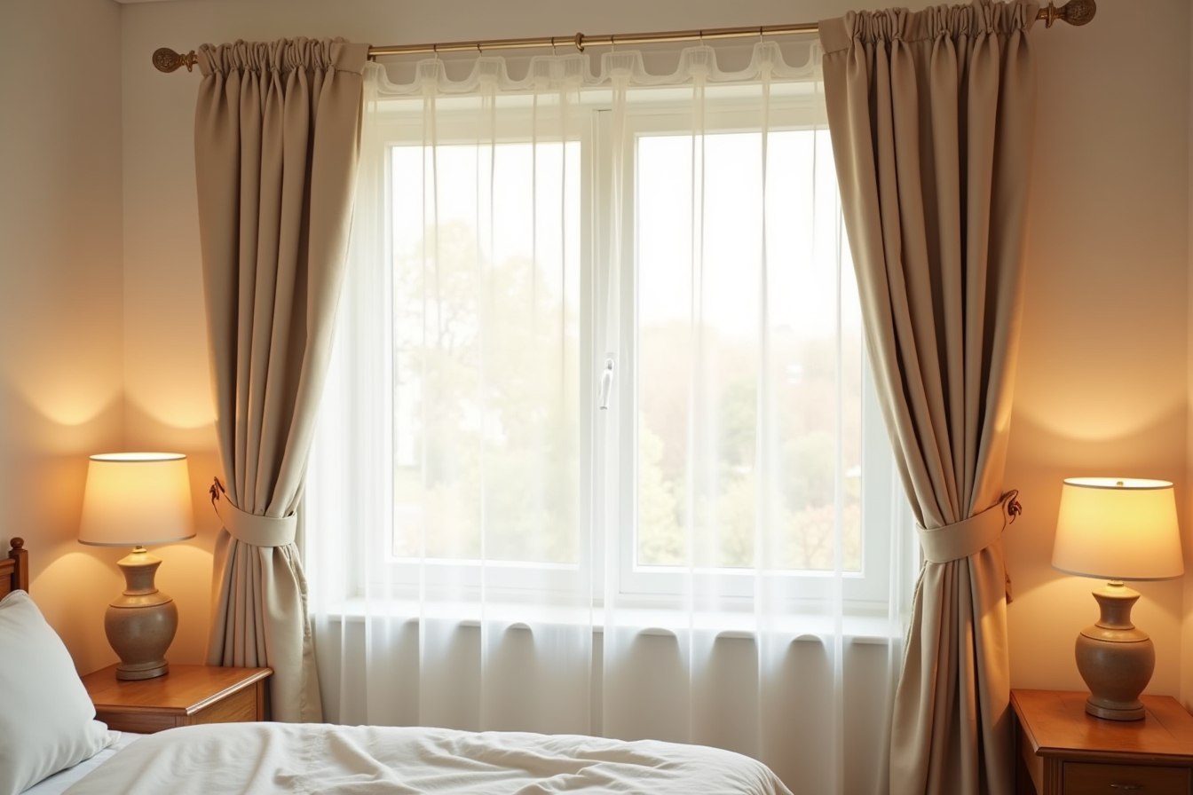 Blackout curtains fully closed on dorm window rod, blocking light with visible dense fabric texture.