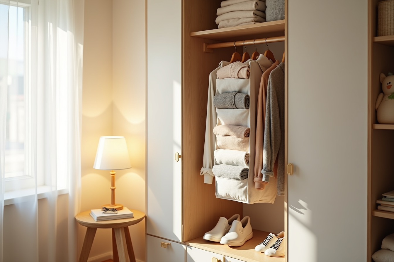 Dorm closet with hanging fabric organizer containing folded sweaters and shoes on shelves.