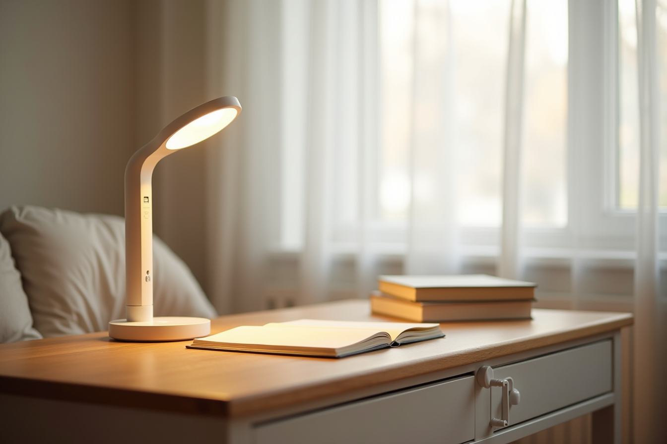 Compact LED desk lamp with USB ports on base, positioned on dorm desk beside textbooks.