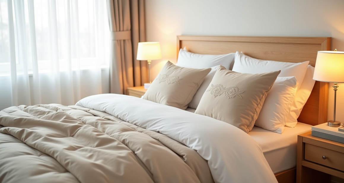 Twin XL bed with neutral comforter, throw pillows, and illuminated desk lamp on nightstand.