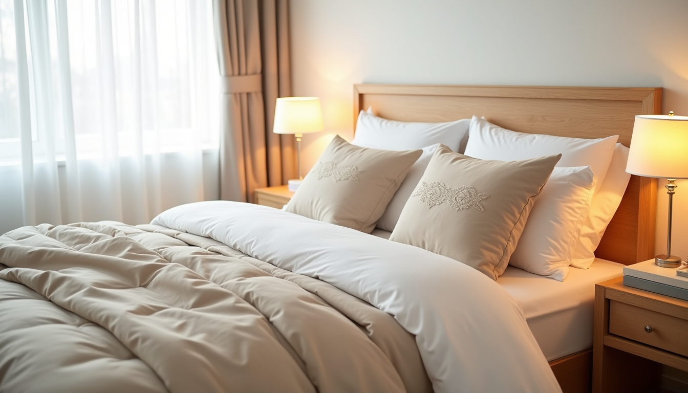 Twin XL bed with neutral comforter, throw pillows, and illuminated desk lamp on nightstand.