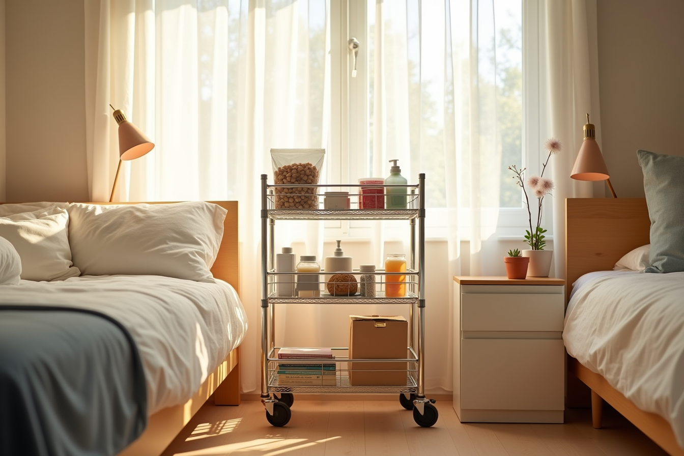 Three-tier rolling metal cart beside bed stocked with snacks, toiletries, and school supplies.