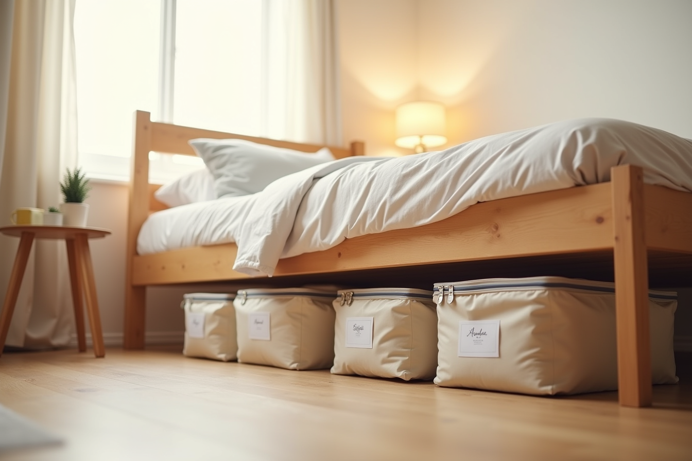 Three labeled zippered storage bags stored flat under a dorm bed frame on the floor.