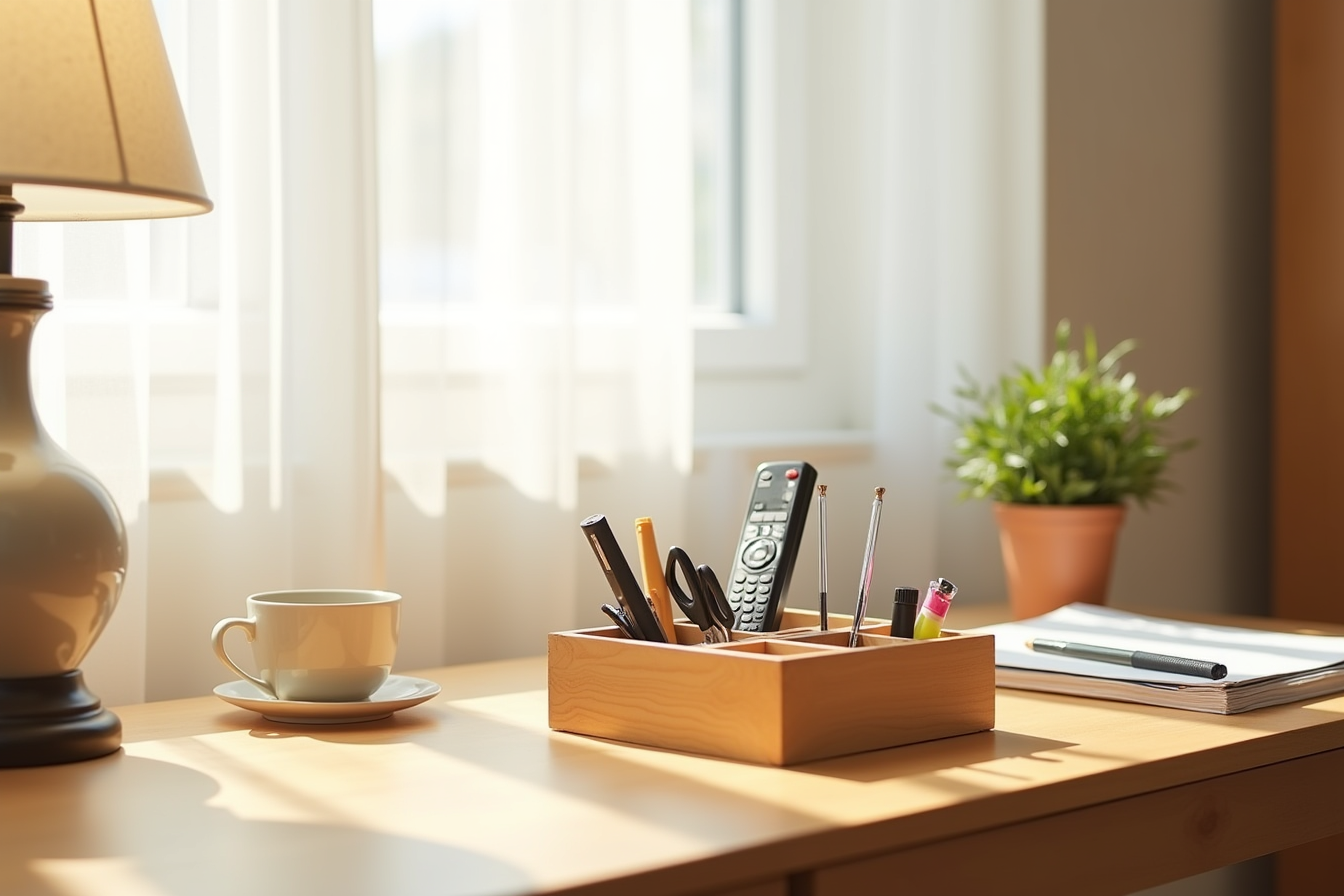 Compact desk organizer with compartments holding pens, scissors, highlighters, remote control, and papers.
