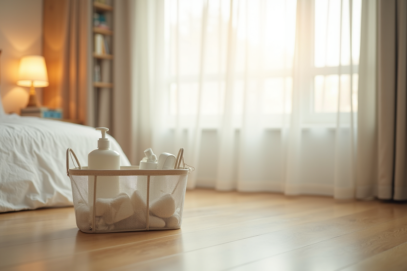 Mesh shower caddy on a floor filled with shampoo bottles, soap, and washcloth with water draining.