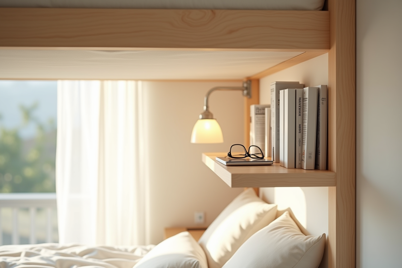 Mounted shelf under a lofted bed holding a smartphone, eyeglasses, water bottle, and charging cable.