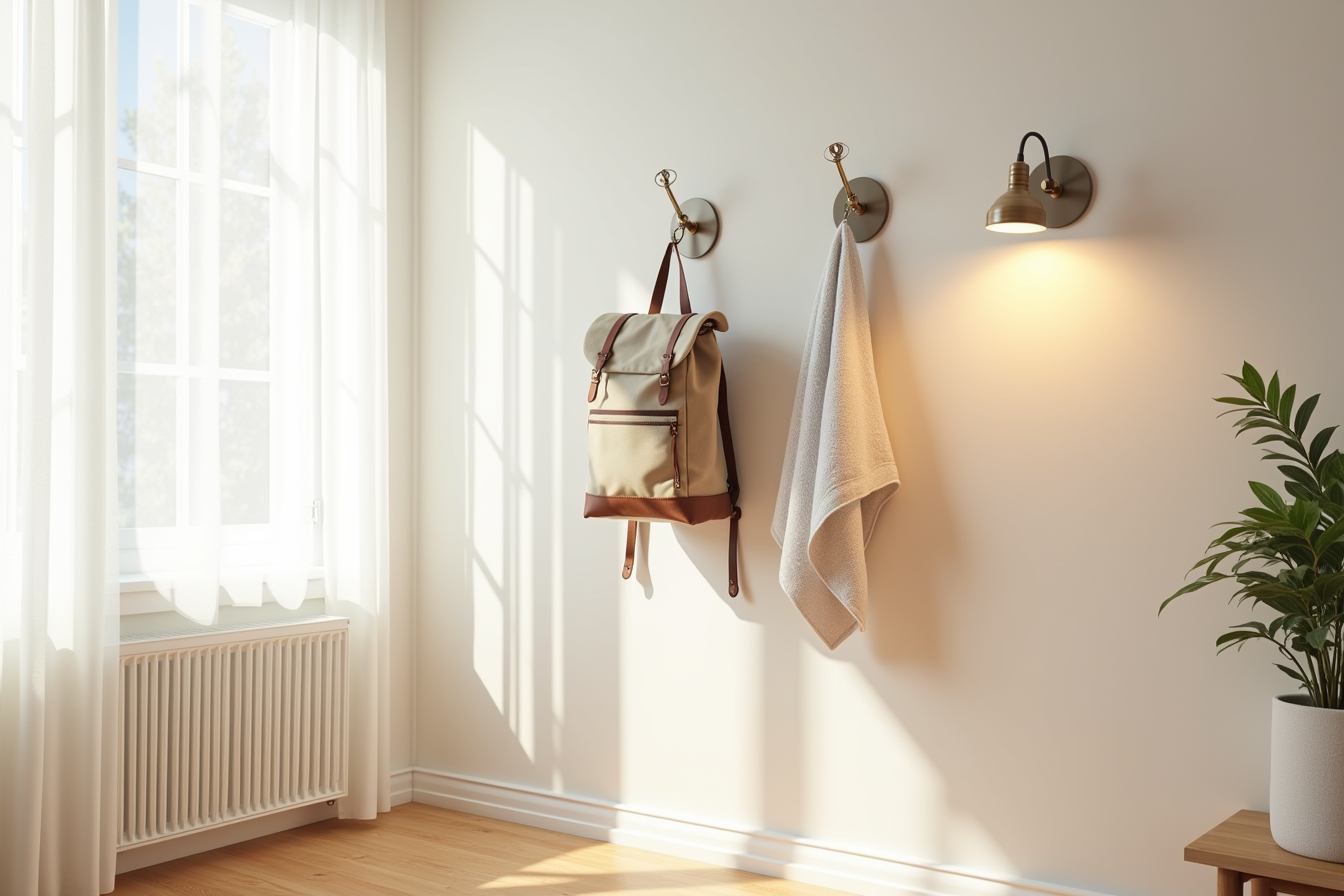 Three utility hooks at different heights holding a canvas backpack, towel, and charging cables.