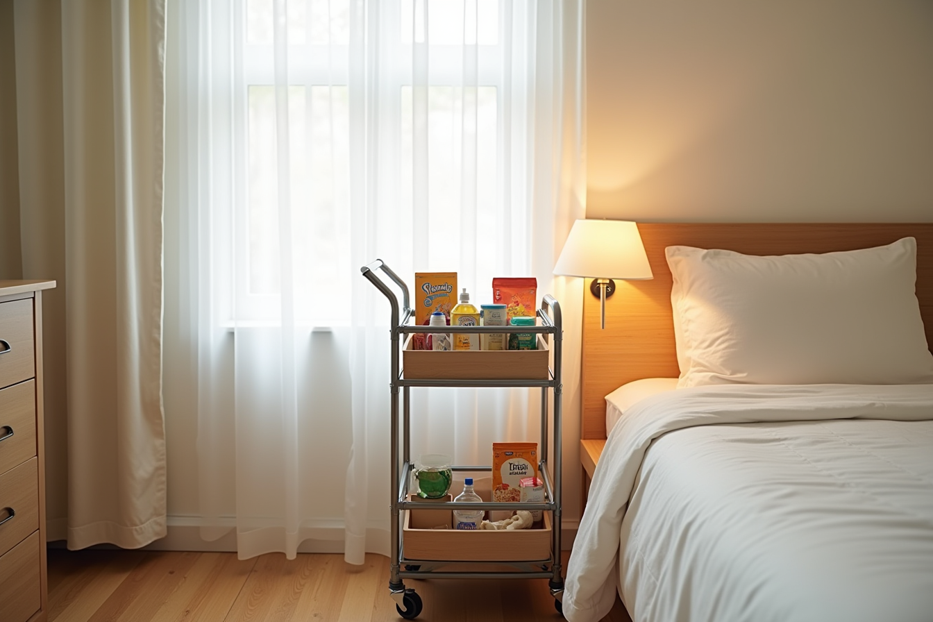 Three-tier metal rolling cart loaded with snacks, toiletries, and school supplies on each shelf.