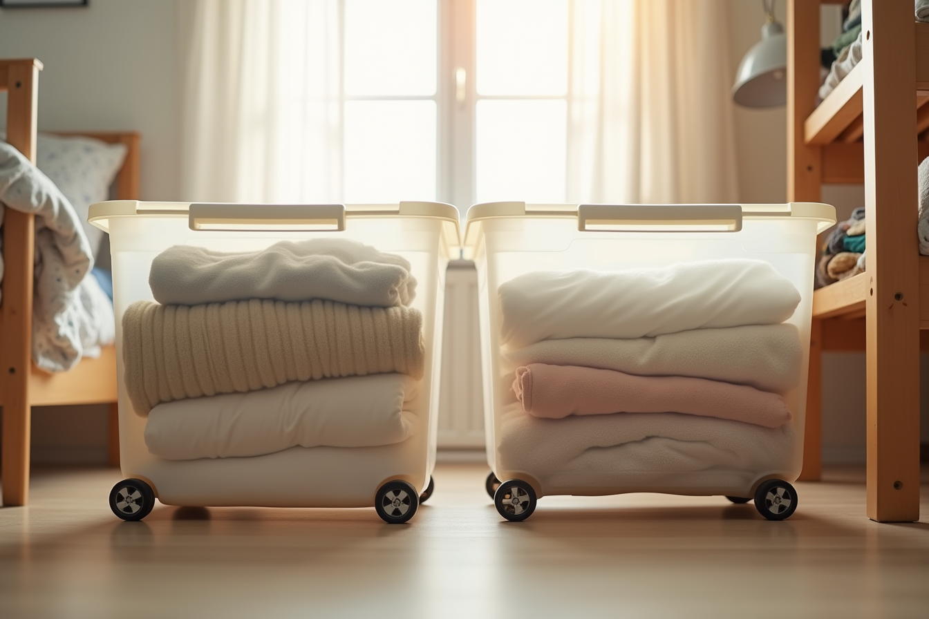 Two wheeled plastic storage containers under a bed with folded sweaters and bedding visible inside.