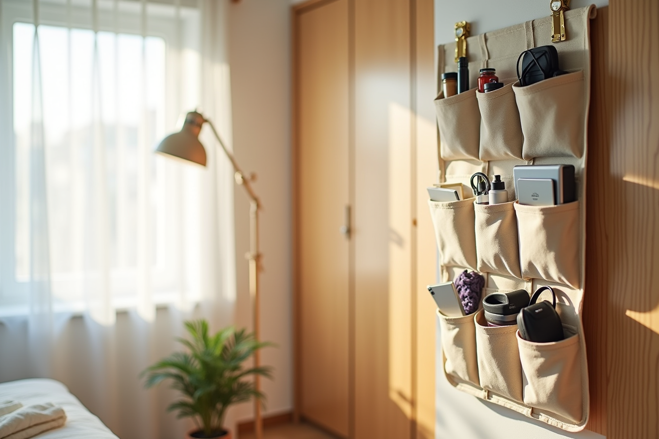 Canvas organizer with twenty pockets hanging on a dorm door filled with shoes, cables, headphones, and cosmetics.