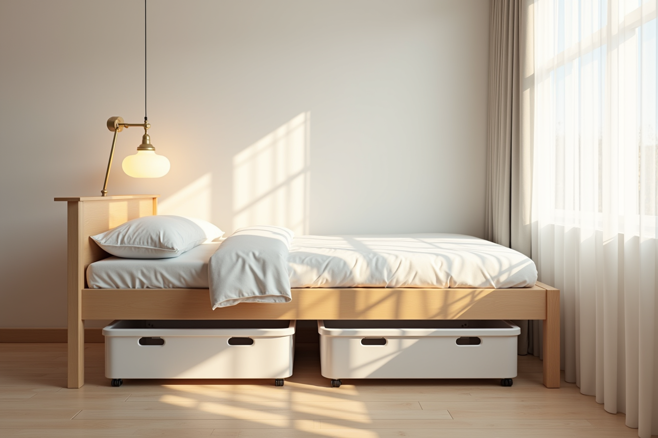 Elevated dorm bed on risers with wheeled storage bins positioned underneath in the created space.