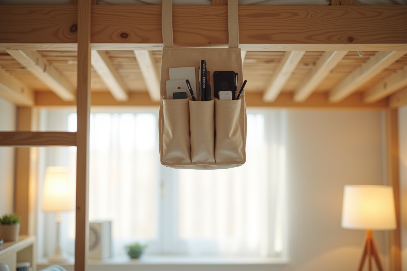 Fabric caddy hanging from a lofted bed rail containing phone chargers, notebooks, pens, and a water bottle.