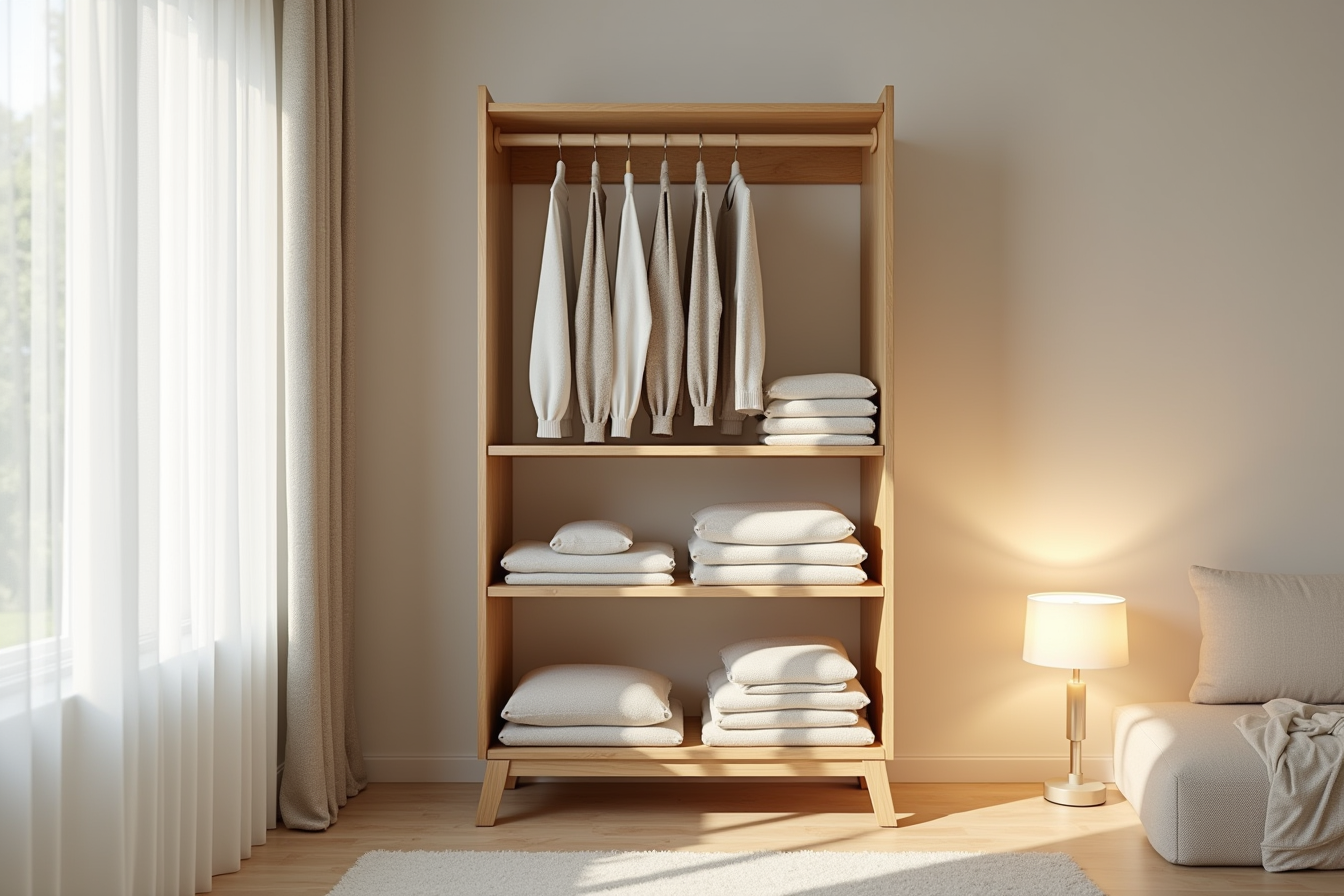 Fabric shelving unit inside a closet displaying folded sweaters and pants below a rod of hanging garments.
