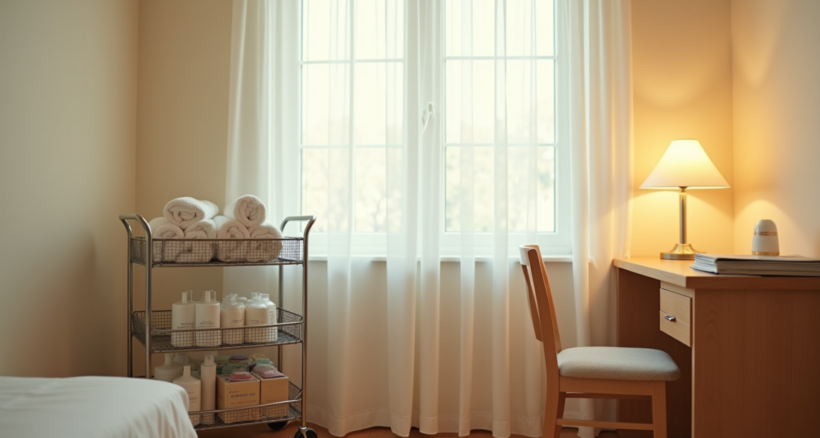 Metal utility cart with three shelves holding snacks, toiletries, and rolled towels positioned next to a desk lamp.