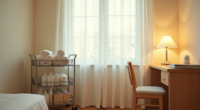 Metal utility cart with three shelves holding snacks, toiletries, and rolled towels positioned next to a desk lamp.