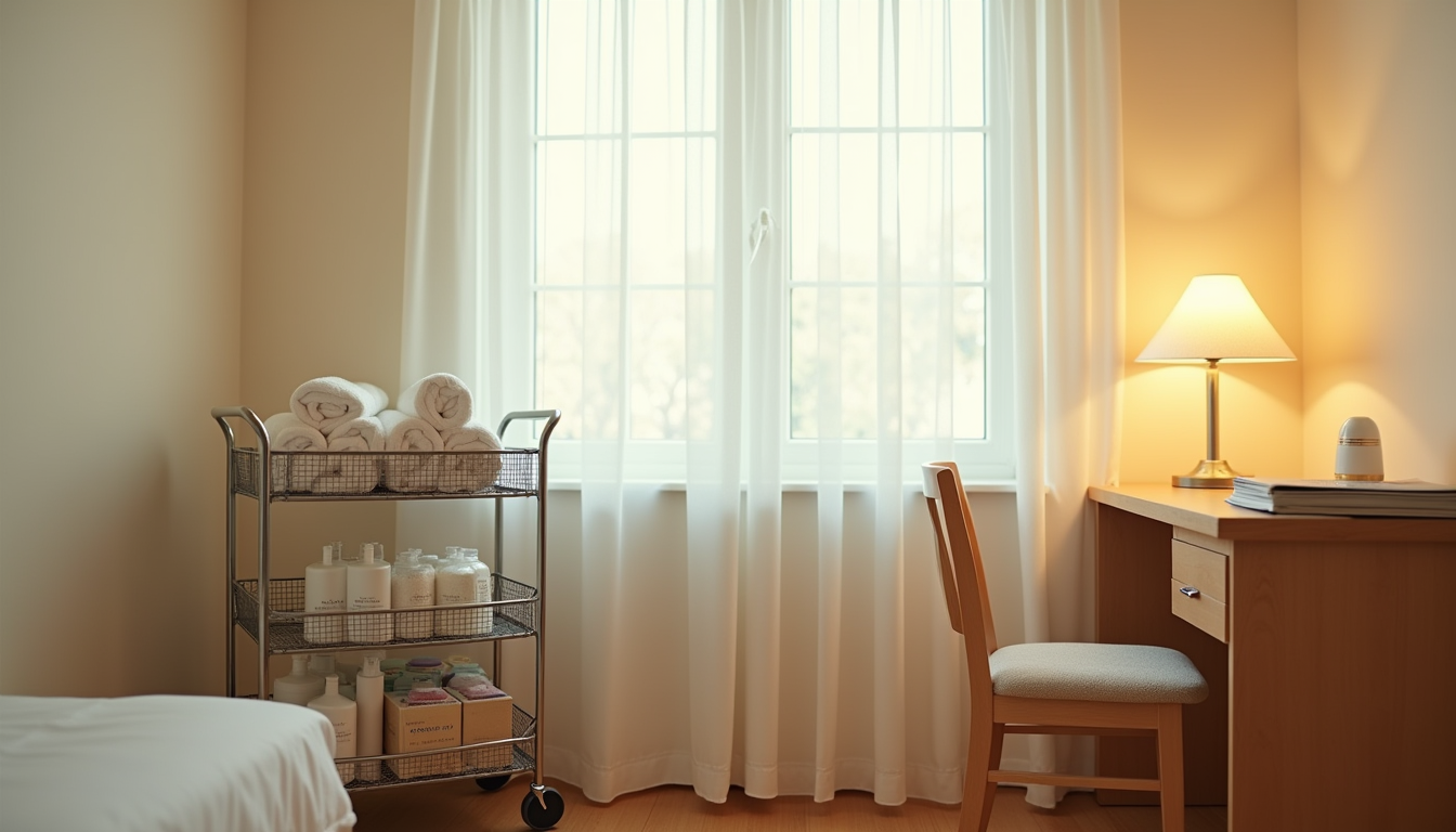 Metal utility cart with three shelves holding snacks, toiletries, and rolled towels positioned next to a desk lamp.