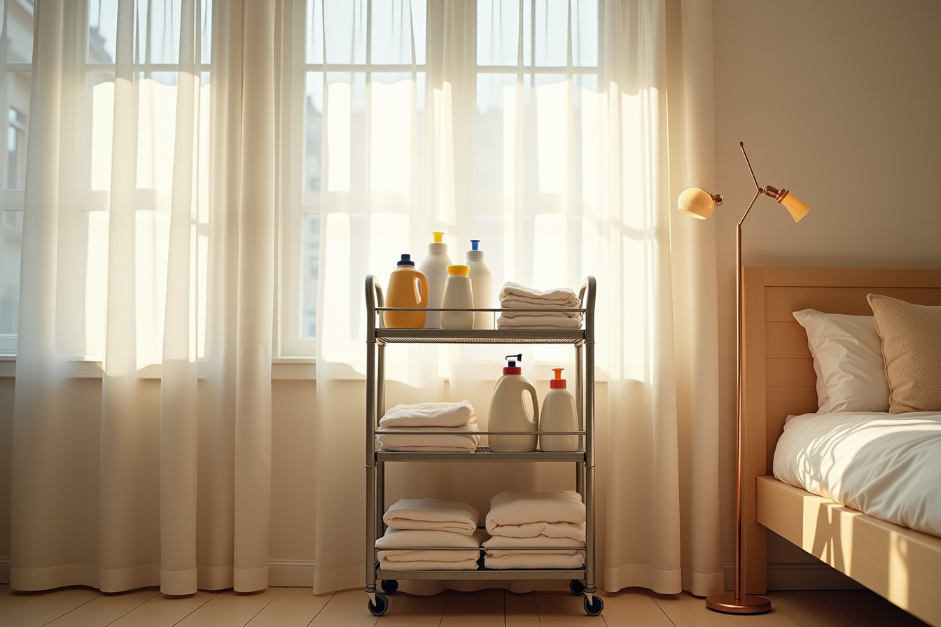 Three-tier metal cart against a dorm wall stocked with school supplies, detergent bottles, and folded linens.