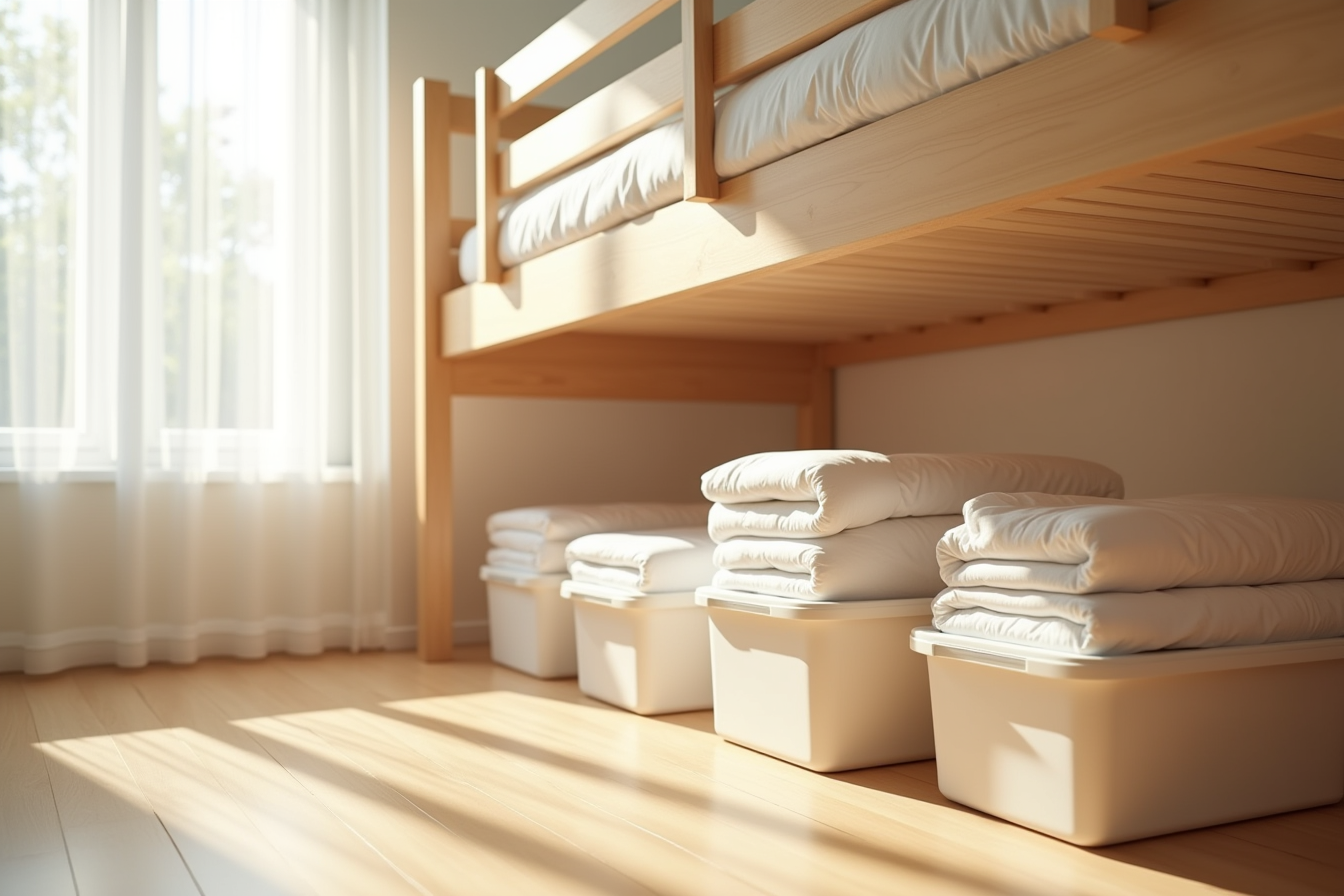 Four plastic storage containers under a raised bed frame containing rolled comforters and stacked sheets.