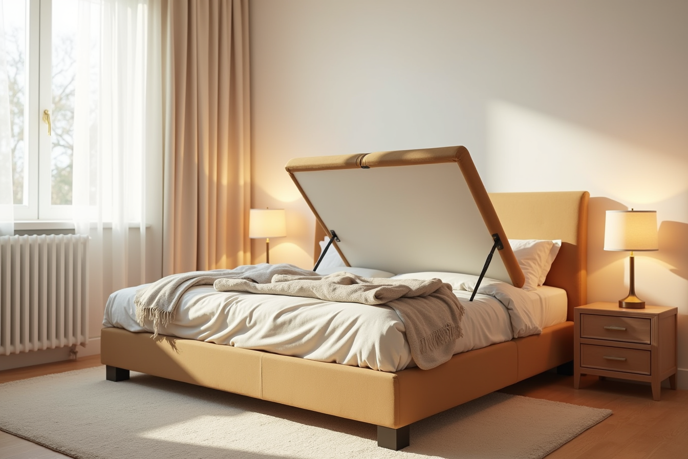 Tan upholstered ottoman at a bed's foot with open hinged top showing stored blankets and pillows inside.