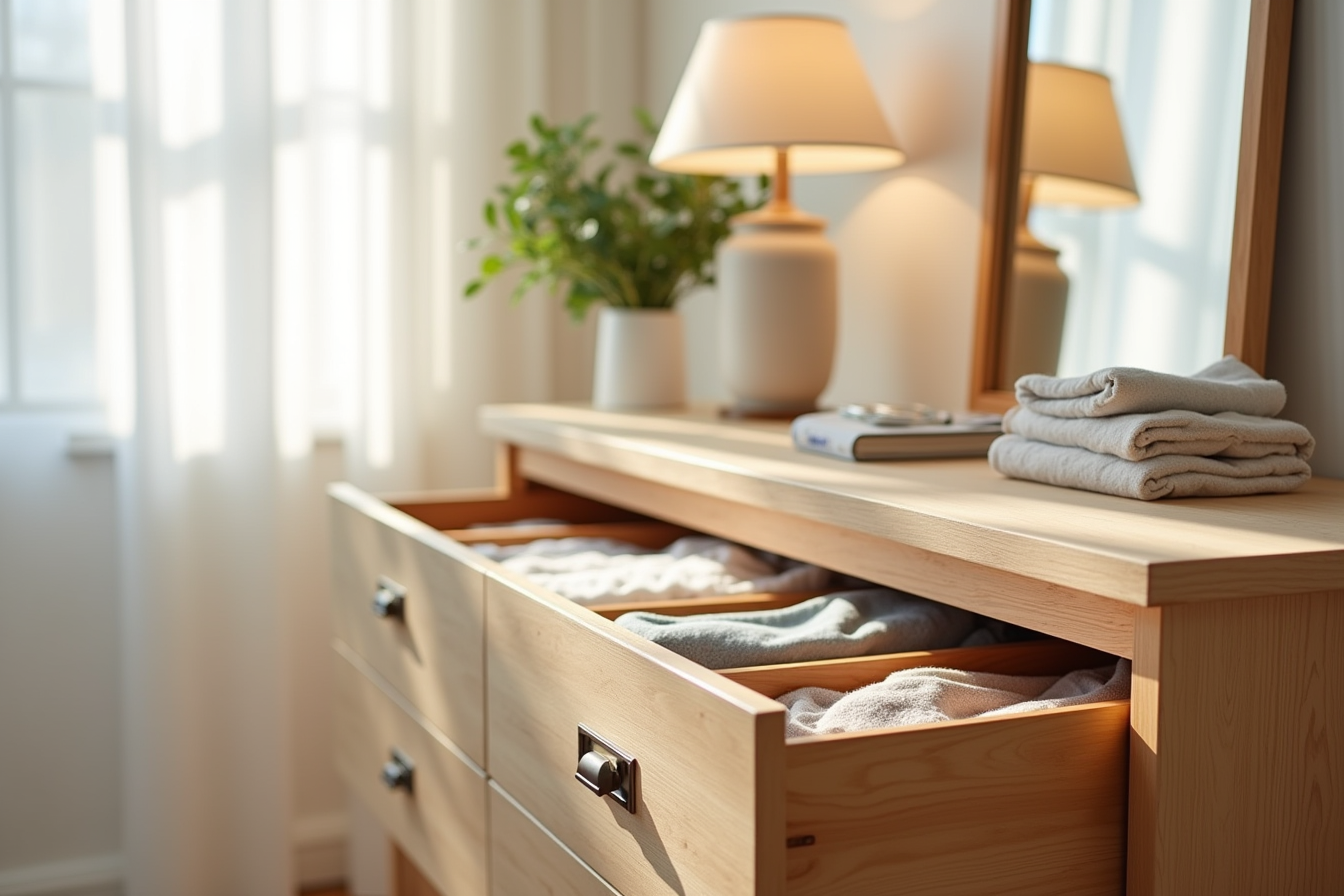 Bamboo dividers organize folded linens, scarves, and table napkins in adjustable sections within a dresser drawer.