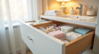 Clear plastic organizer boxes in a bathroom vanity drawer hold cotton swabs, hair clips, and cosmetics.