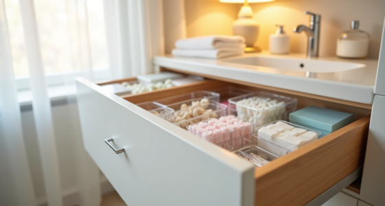 Clear plastic organizer boxes in a bathroom vanity drawer hold cotton swabs, hair clips, and cosmetics.