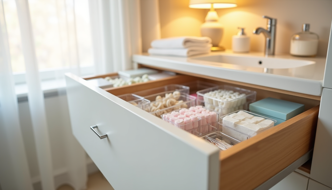 Clear plastic organizer boxes in a bathroom vanity drawer hold cotton swabs, hair clips, and cosmetics.