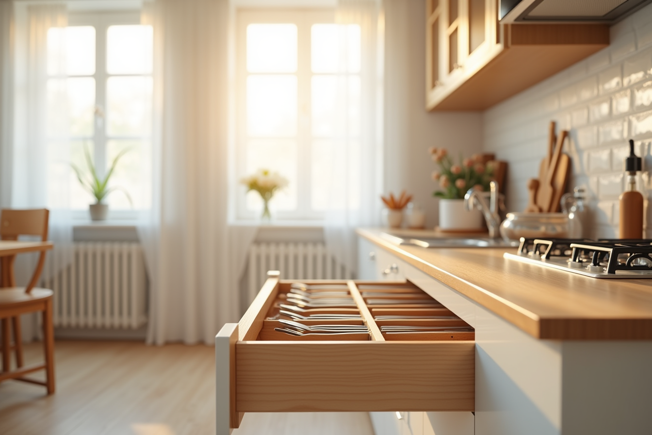 An expandable tray in a kitchen drawer neatly arranges forks, knives, and spoons in organized rows.