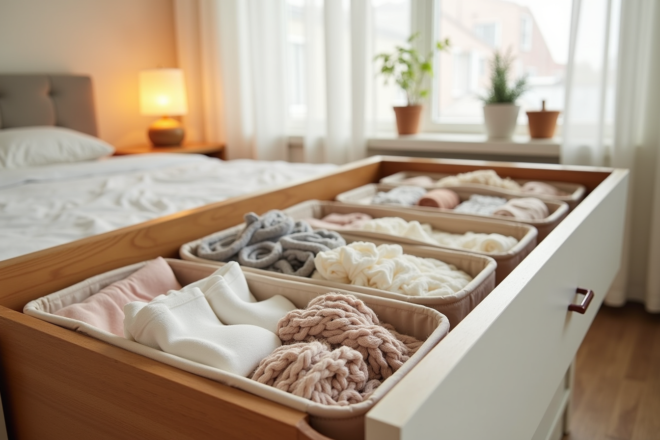 Fabric bins in a bedroom dresser drawer contain rolled socks, folded underwear, bras, and scarves arranged in rows.