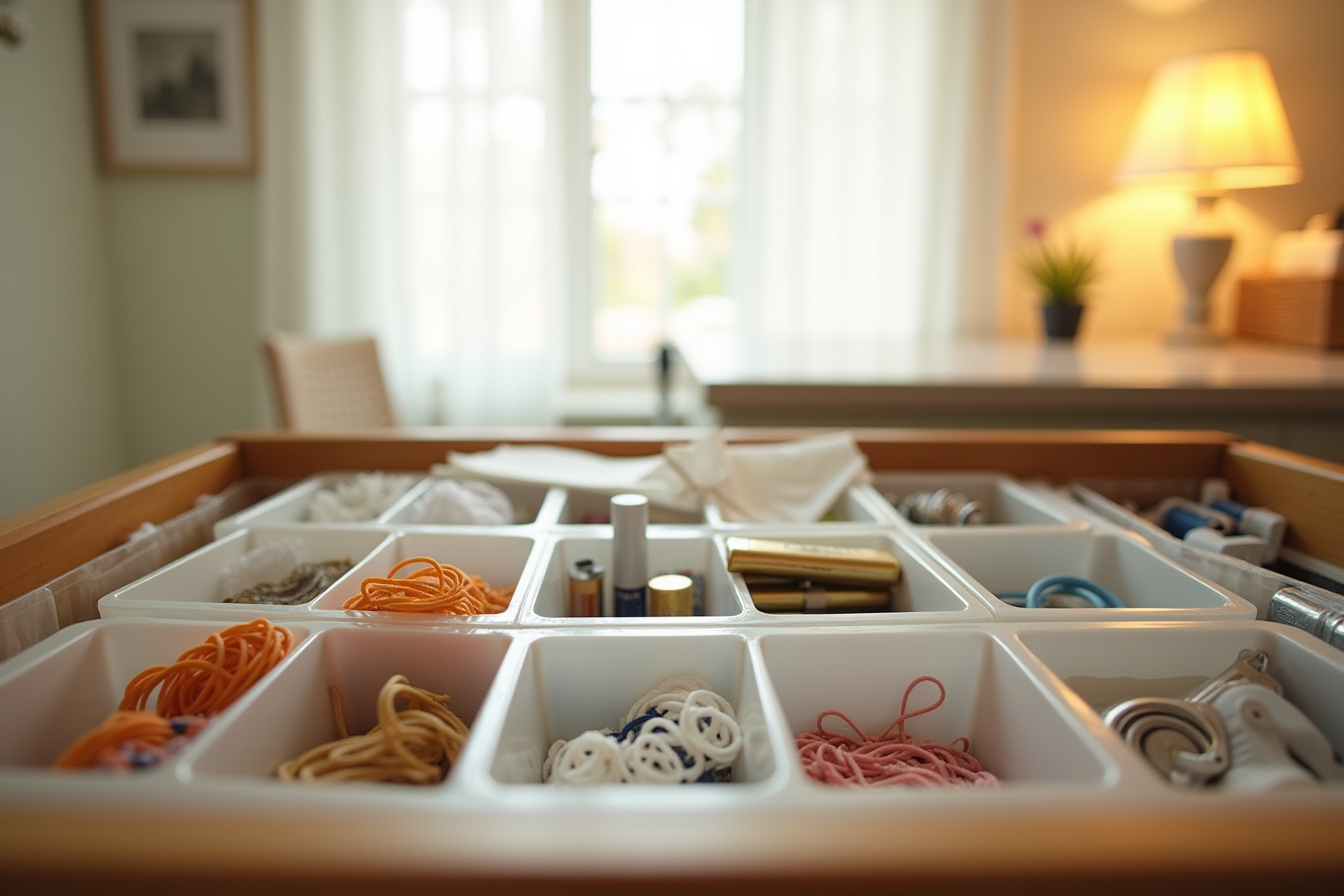 A kitchen junk drawer with clear plastic dividers organizes rubber bands, pens, batteries, twist ties, and takeout menus.