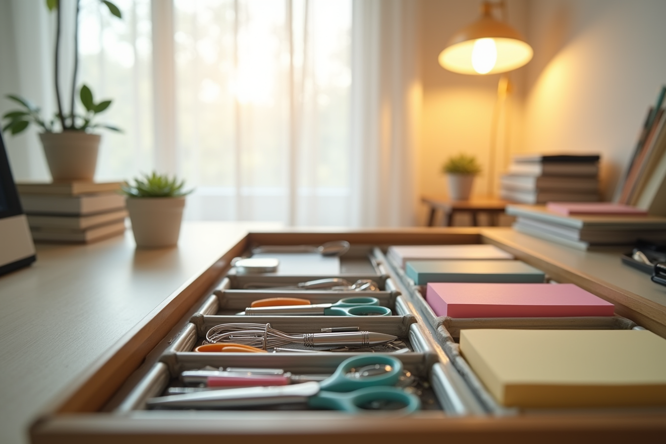 Shallow metal trays in a desk drawer organize paper clips, sticky notes, pens, and scissors in neat rows.