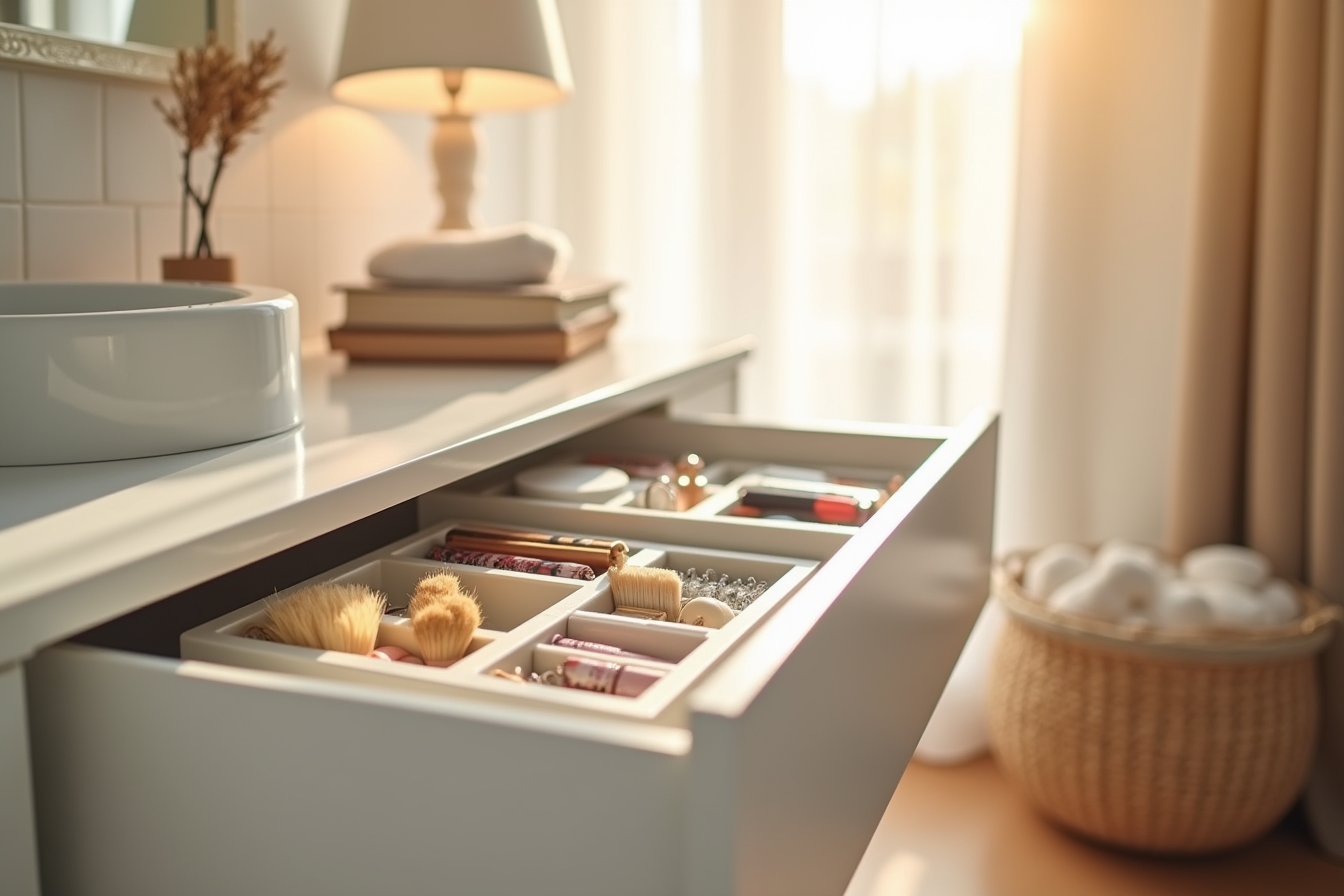 Modular boxes in a bathroom vanity drawer store lipsticks, brushes, hair clips, bobby pins, and cotton pads.