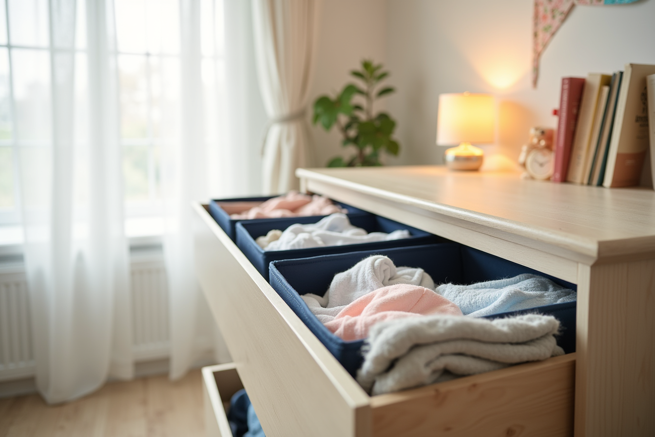 Navy fabric bins in a nursery dresser drawer stack folded onesies, socks, bibs, and small toys in organized columns.