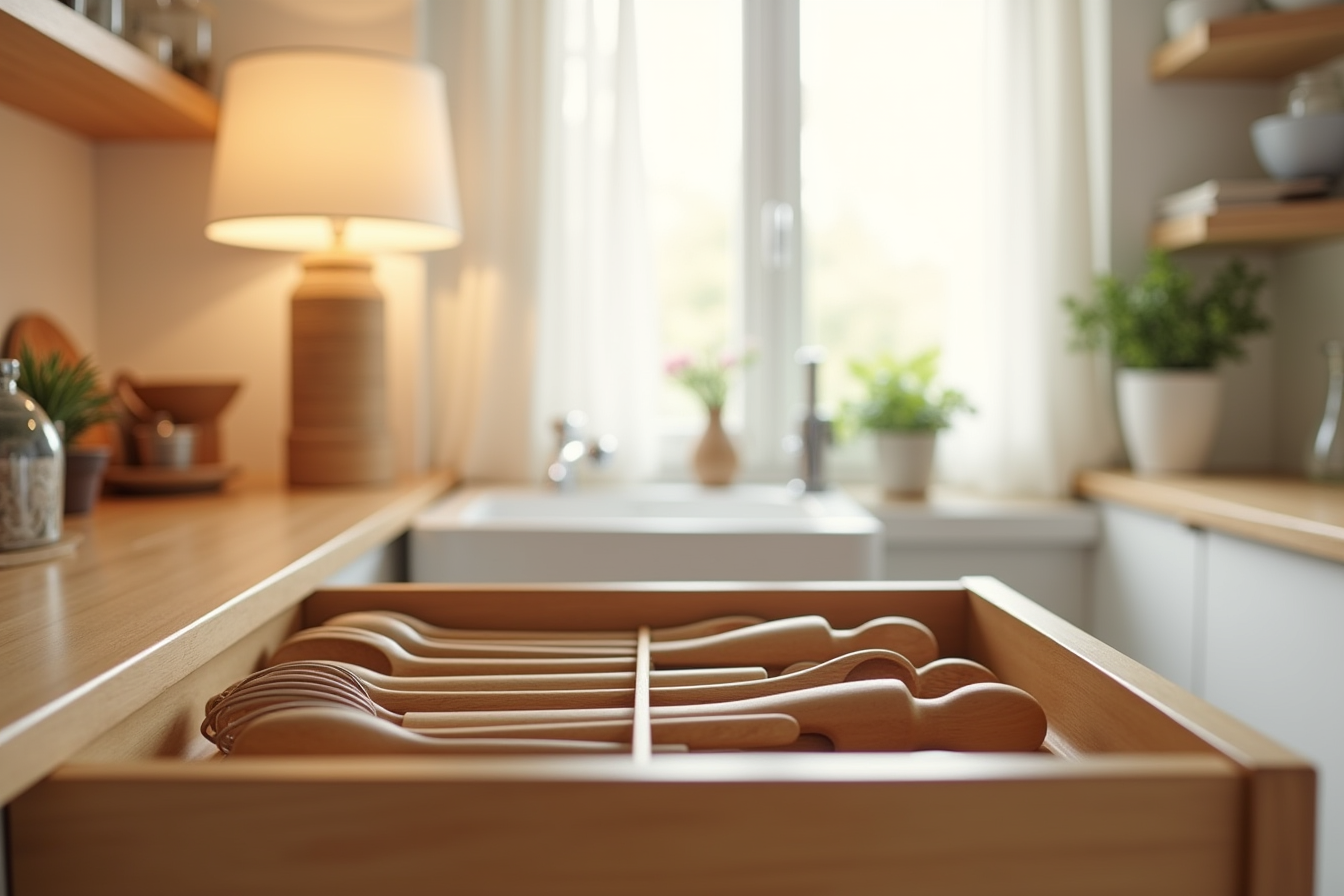 Kitchen utensils including wooden spoons, silicone spatulas, whisks, and measuring spoons are arranged in separate drawer