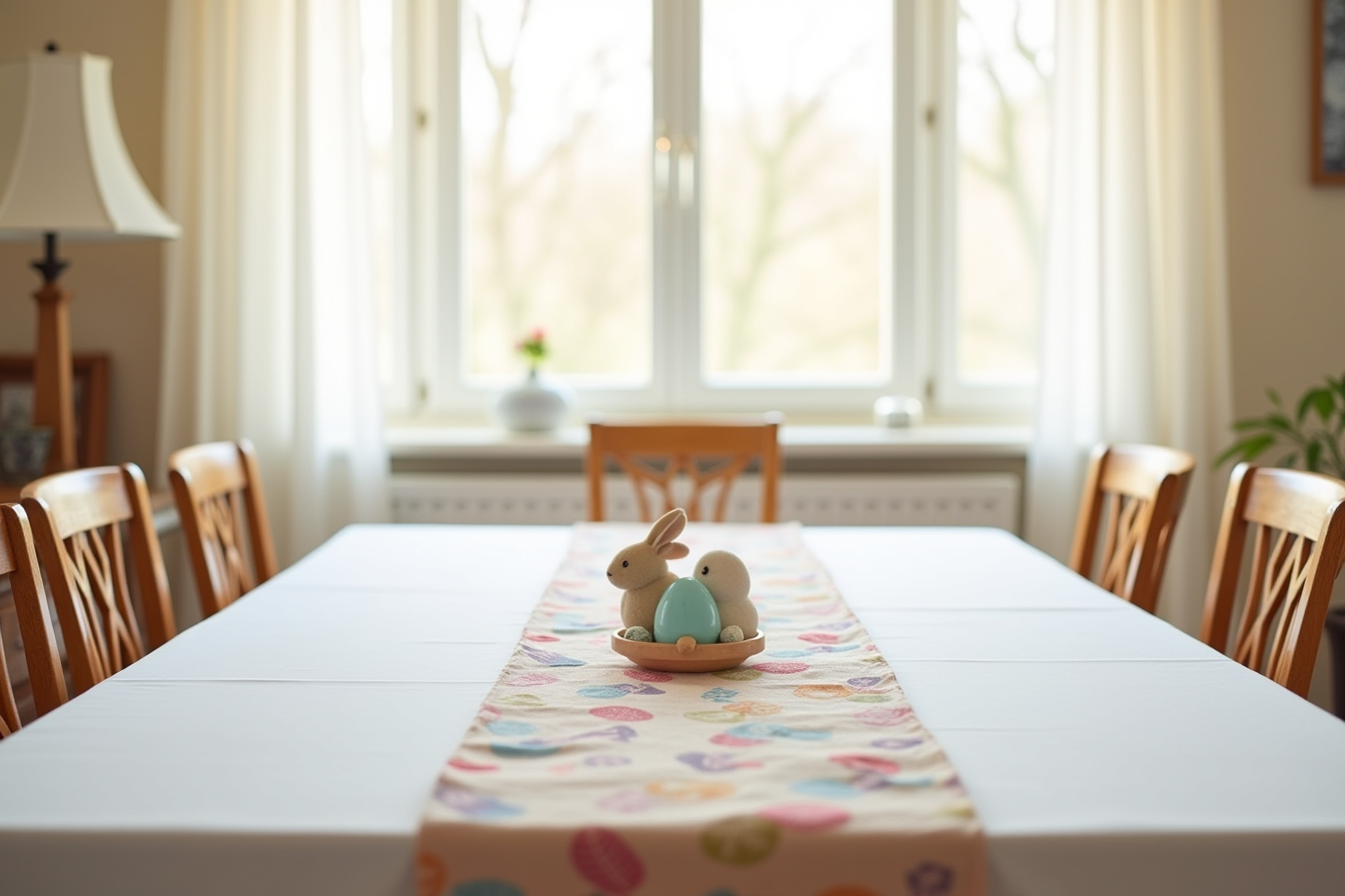 A buffalo plaid table runner with bunny and egg designs runs down the center of a white tablecloth.