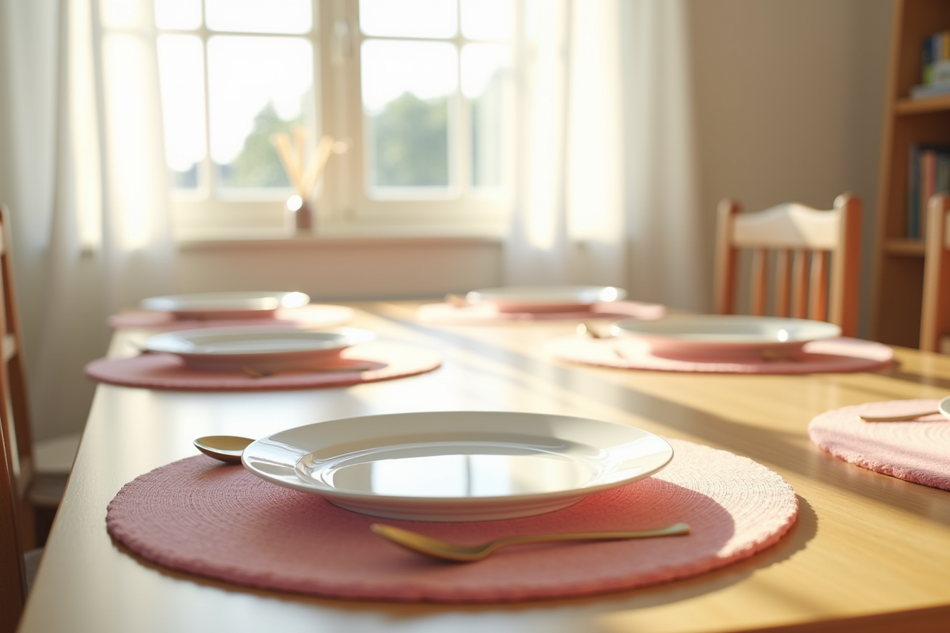 A pink placemat with bunny motif holds a white plate, napkin, and silverware on a wooden table.