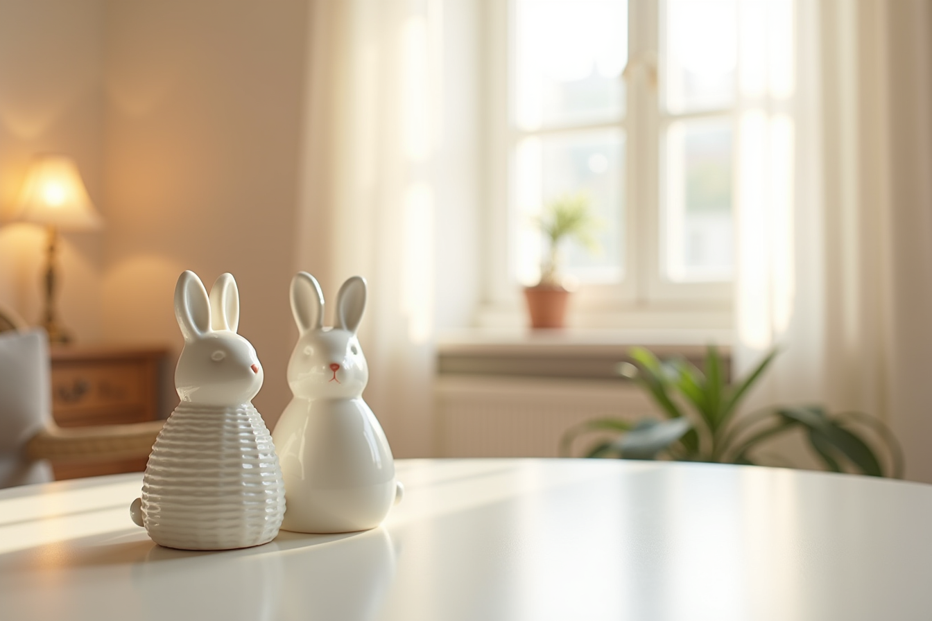 Two ceramic bunny-shaped salt and pepper shakers with wicker texture detail sit on a neutral surface.