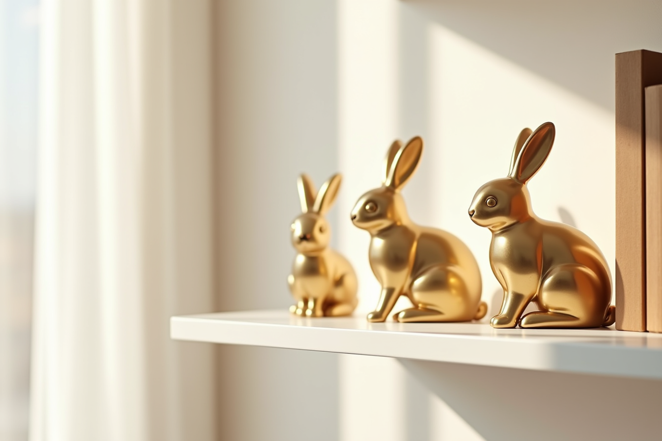 Three gold metallic bunny figurines with geometric forms sit on a modern white shelf.