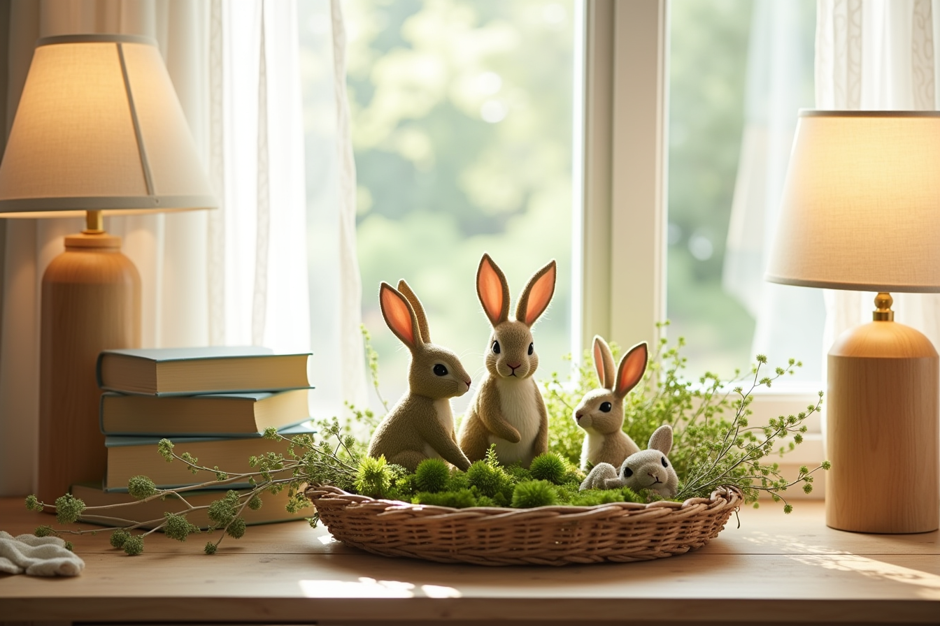 Moss-textured bunny figurines nestle among a woven basket, dried branches, and greenery on wood.