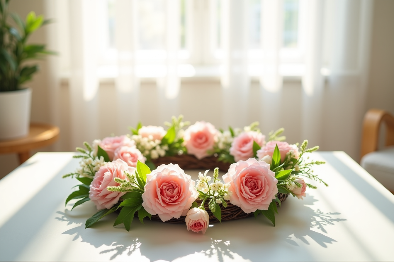 Pink and cream flowers with green leaves arranged on a woven wreath base, photographed from above.
