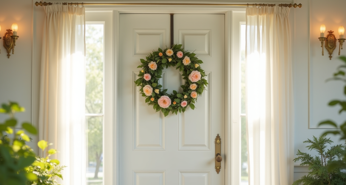 A large pastel flower wreath with greenery hangs centered on a white front door.