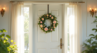 A large pastel flower wreath with greenery hangs centered on a white front door.