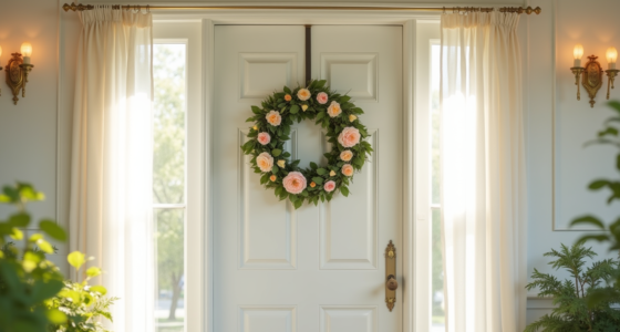A large pastel flower wreath with greenery hangs centered on a white front door.
