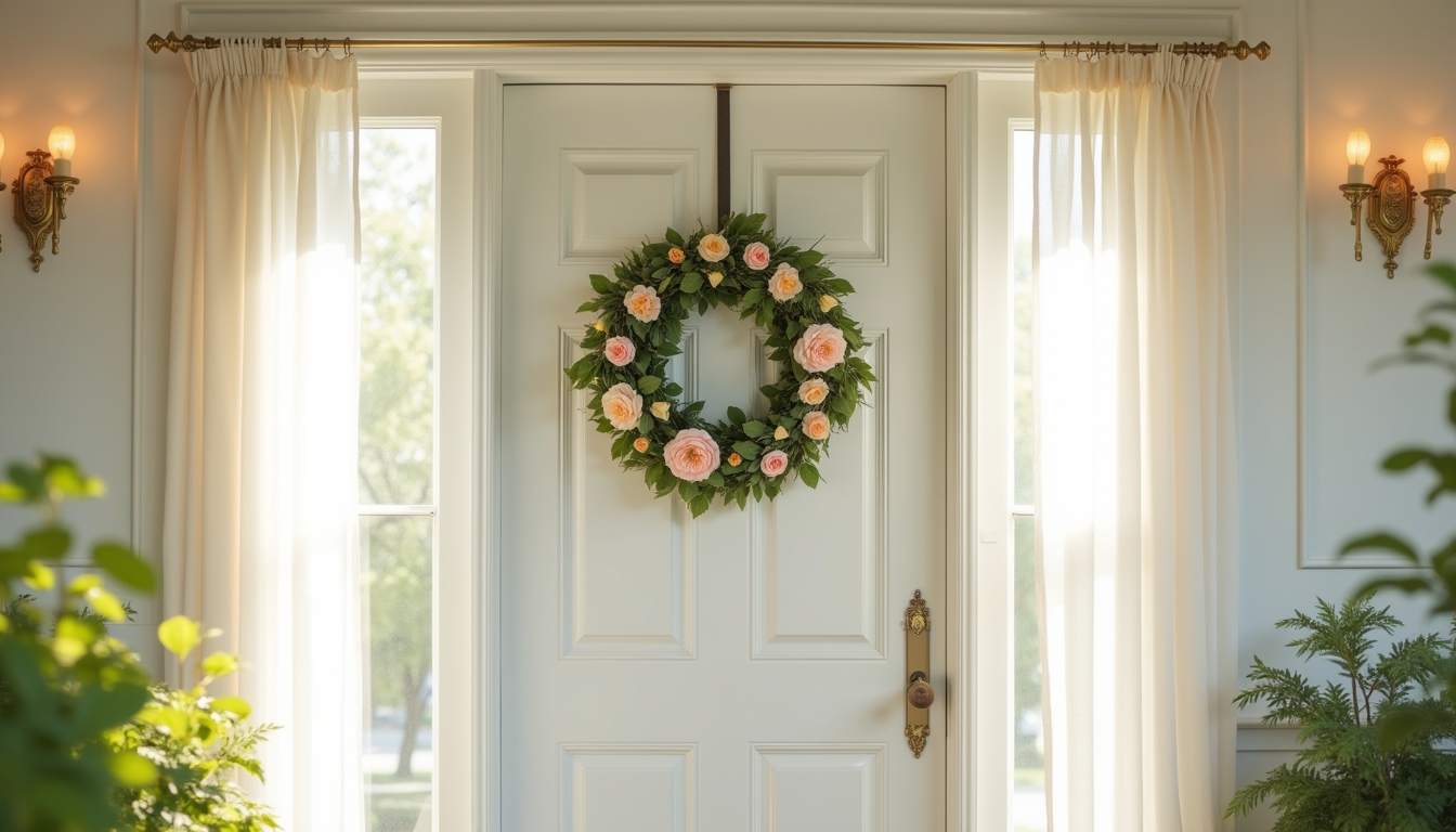 A large pastel flower wreath with greenery hangs centered on a white front door.