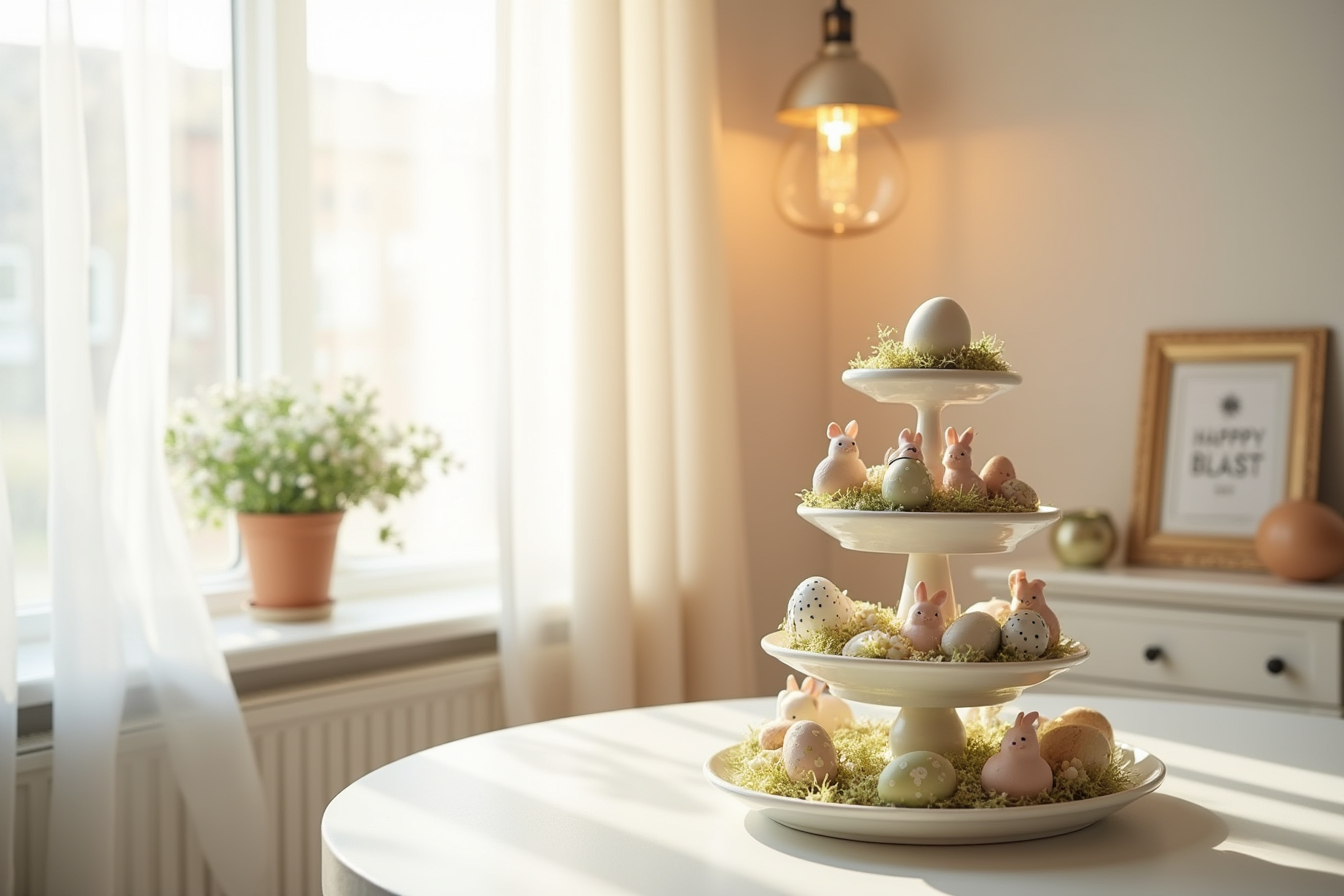 A three-tiered stand displays Easter figurines, painted eggs, bunnies, and spring accents on each level.