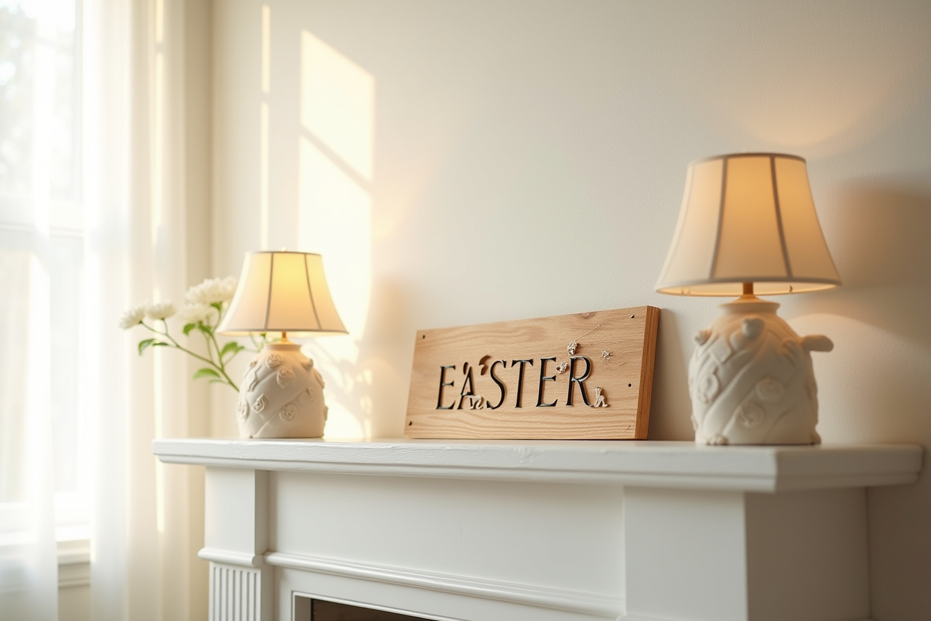 A wooden sign with Easter lettering and imagery leans against a white mantel.