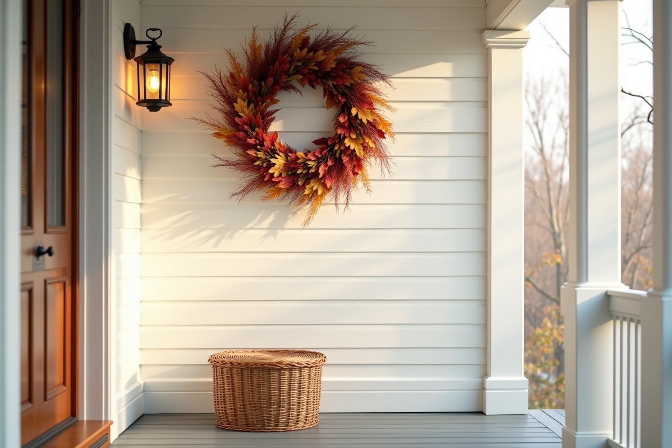 Burgundy and gold autumn wreath on a white porch pillar with a wicker basket below on gray decking.