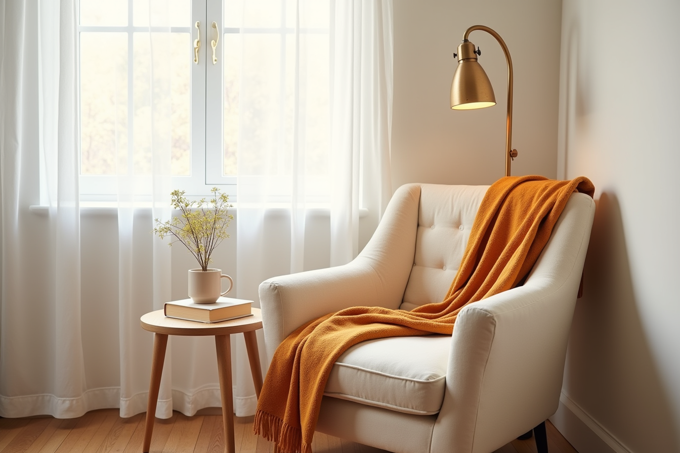 A cream reading chair displays a burnt-orange throw blanket with a side table and mug nearby.