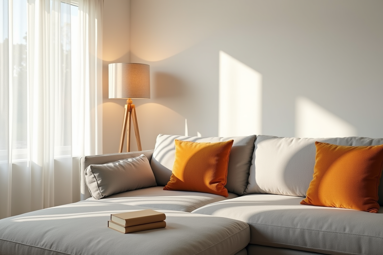 Burnt-orange chenille pillows rest on a gray sectional sofa with afternoon window light creating shadows.