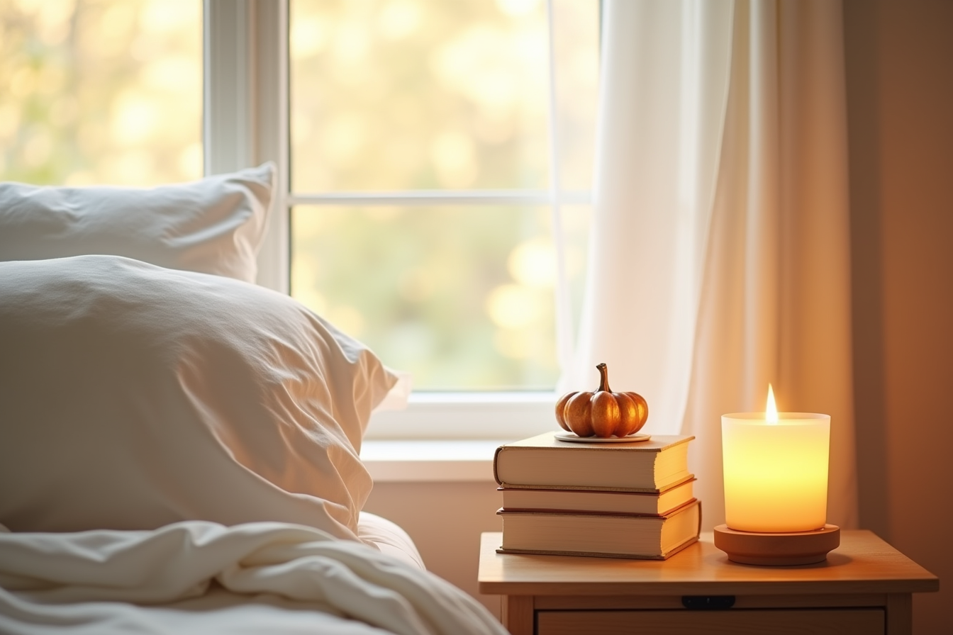 A lit candle warmer lamp on a nightstand glows beside a stack of books and fall decoration.